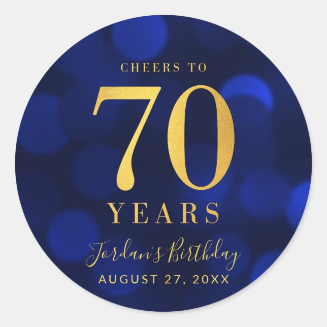 Blue Bokeh Gold Cheers to 70 Years Birthday Classic Round Sticker (Front)