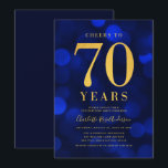 Blue Bokeh Gold Cheers to 70 Years Birthday Party Invitation<br><div class="desc">Classy 70th Birthday Party invitation featuring the words "Cheers to 70 Years" in faux gold foil against a sapphire blue bokeh pattern background. Invitation has a blue background back side. Personalise this invitation with your details by replacing the placeholder text. For more options such as to change the font, text...</div>