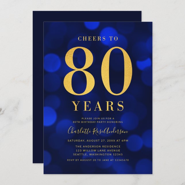 Blue Bokeh Gold Cheers to 80 Years Birthday Party Invitation (Front/Back)