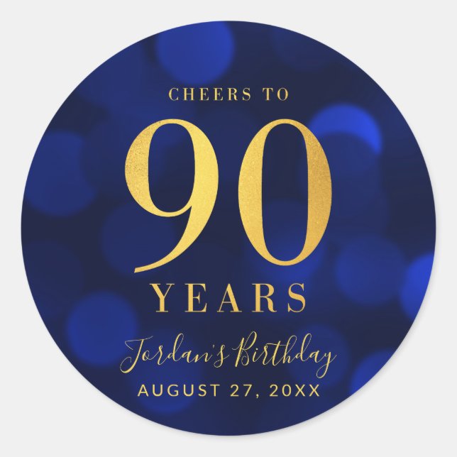 Blue Bokeh Gold Cheers to 90 Years Birthday Classic Round Sticker (Front)