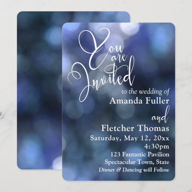 Blue Bokeh Light & Typography 32 Wedding 1 Invitation (Front/Back)