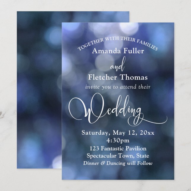 Blue Bokeh Light & Typography 32 Wedding 3 Invitation (Front/Back)