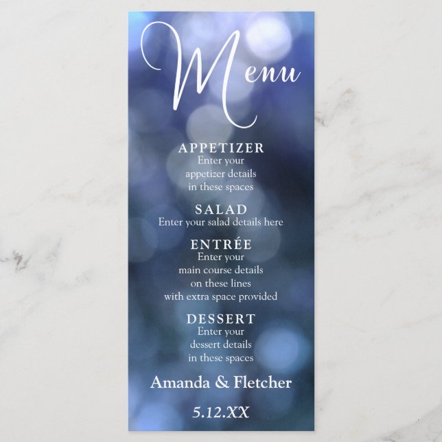Blue Bokeh Light & Typography 32 Wedding Menu (Front)