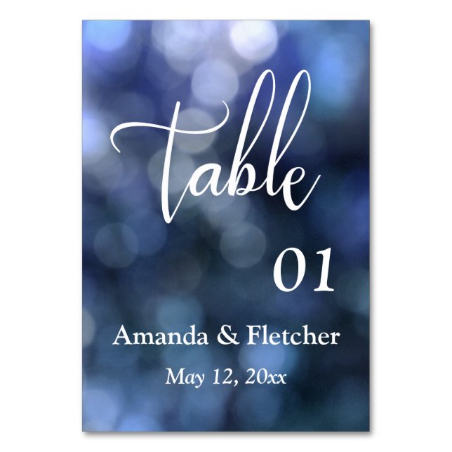 Blue Bokeh Light & Typography Table Number Card (Front)