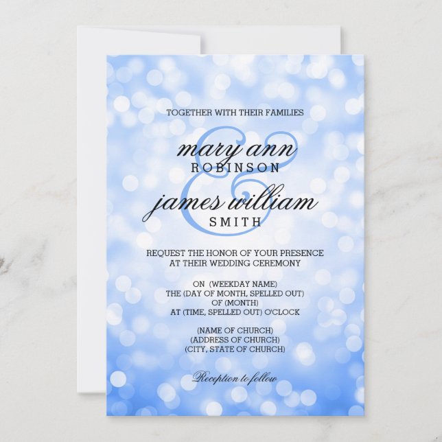 Blue Bokeh Lights Elegant Wedding Invitation (Front)
