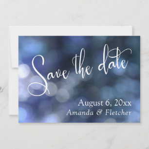 Blue Bokeh, Modern Save the Date Calligraphy