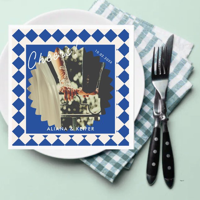 Blue Bold Cheers Retro Wedding Photo Napkin (Creator Uploaded)