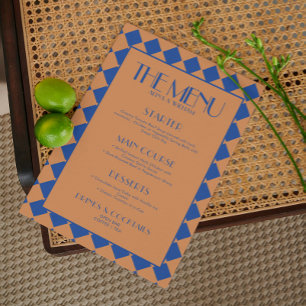 Blue Bold Funky Retro Checkerboard Wedding Menu 