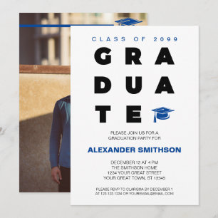 Blue Bold GRADUATE Letters and Cap Graduation Invitation
