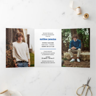 Blue Bold & Modern Photo Graduation Tri-Fold Invitation