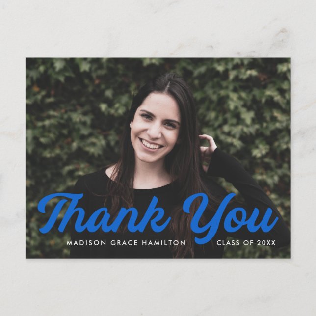 Blue | Bold Script Photo Graduation Thank You Postcard (Front)