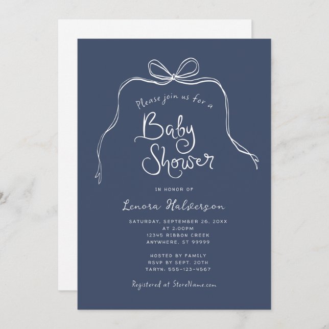 Blue Bold Simple Bow Baby Shower Invitation (Front/Back)