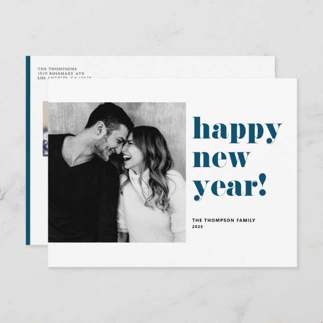 Blue Bold Typography Happy New Year Photo Holiday Postcard (Front/Back)