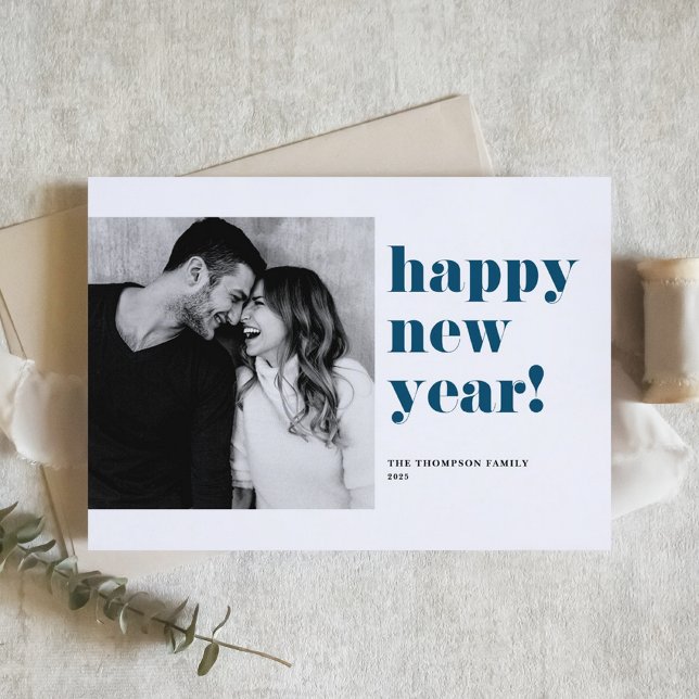 Blue Bold Typography Photo Happy New Year 2025 Holiday Card (Creator Uploaded)