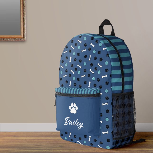 Blue Bones & Balls Paw Print Dog Name Printed Backpack (Creator Uploaded)