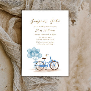 Blue Bonjour Bébé Balloon Bicycle Baby shower Invitation