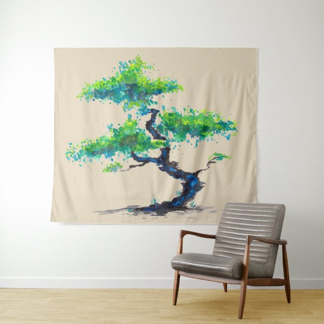 Blue Bonsai Watercolor Wall Tapestry (In Situ (Horizontal))
