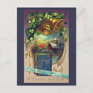 Blue Book and Brass Bells Vintage New Year Holiday Postcard