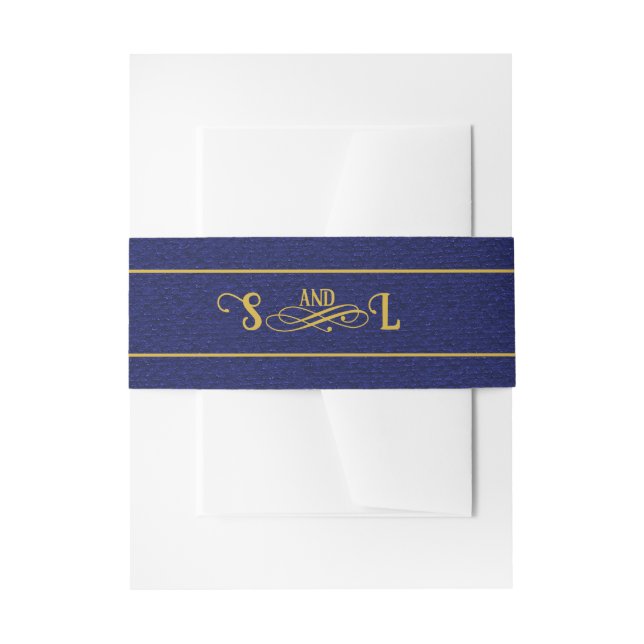 Blue Book Cloth Golden Flourish Monogram Wedding Invitation Belly Band (Front Example)
