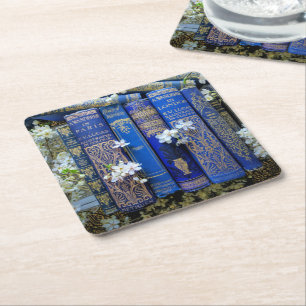 Blue Books and Blossoms Square Paper Coaster
