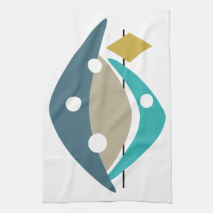 Blue Boomerangs Mid-century Retro Tea Towel