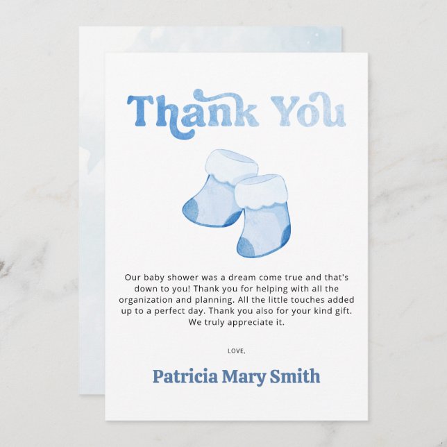 Blue Booties Boy Baby Shower Thank You Card (Front/Back)