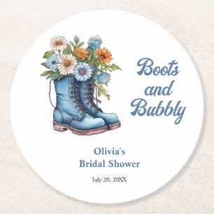Blue Boots and Bubbly Blue Western Bridal Shower  Round Paper Coaster