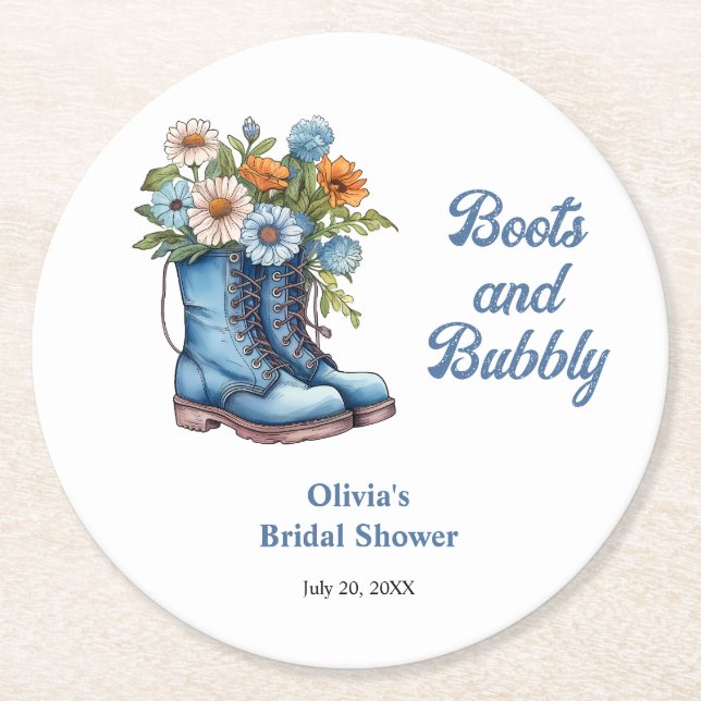 Blue Boots and Bubbly Blue Western Bridal Shower  Round Paper Coaster (Front)