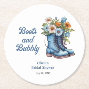 Blue Boots and Bubbly Blue Western Bridal Shower  Round Paper Coaster
