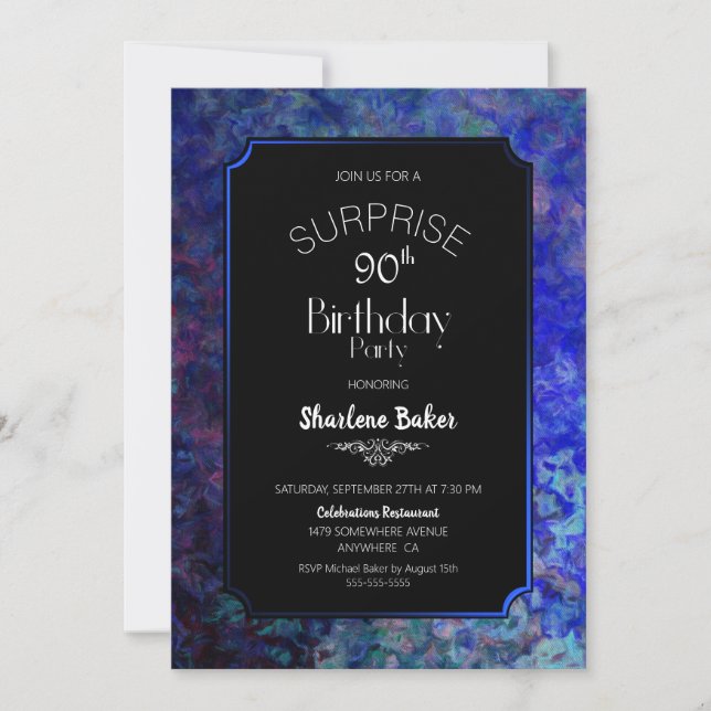 Blue Border Black Surprise 90th Birthday Party Invitation (Front)
