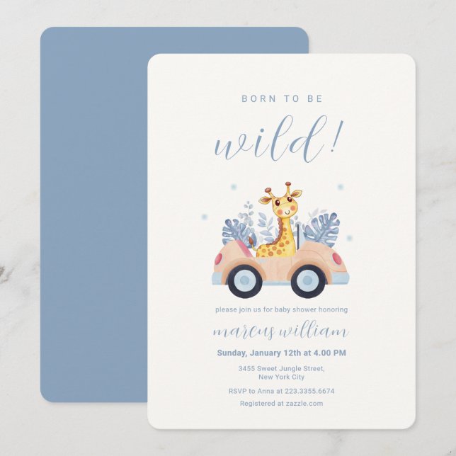 Blue Born To Be Wild Safari Giraffe Baby Shower Invitation (Front/Back)