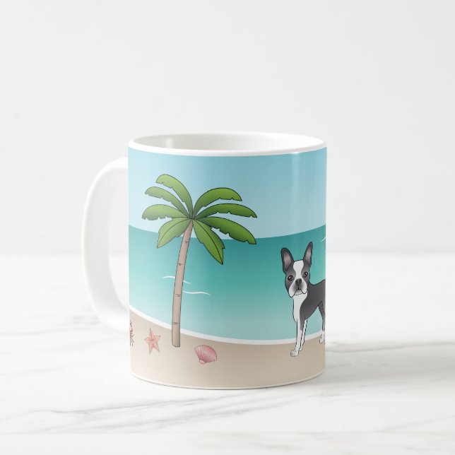 Blue Boston Terrier At A Tropical Summer Beach Coffee Mug (Front Left)