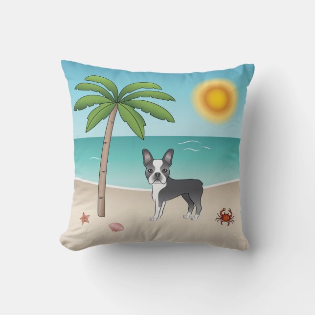 Blue Boston Terrier At A Tropical Summer Beach Cushion (Front)