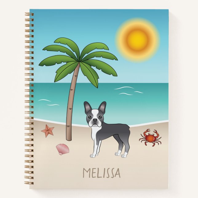 Blue Boston Terrier At A Tropical Summer Beach Notebook (Front)