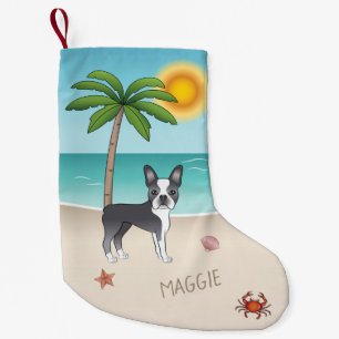 Blue Boston Terrier At A Tropical Summer Beach Small Christmas Stocking