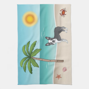 Blue Boston Terrier At A Tropical Summer Beach Tea Towel