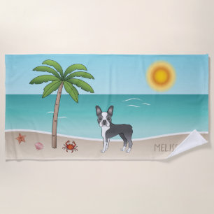 Blue Boston Terrier At A Tropical Summer Beach - Towel