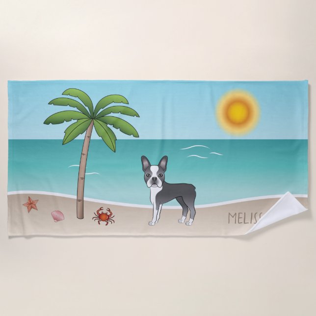 Blue Boston Terrier At A Tropical Summer Beach -  Towel (Front)