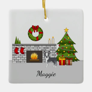 Blue Boston Terrier In A Festive Christmas Room Ceramic Ornament