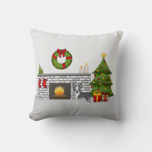 Blue Boston Terrier In A Festive Christmas Room Cushion