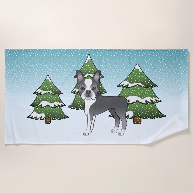 Blue Boston Terrier In A Winter Forest Beach Towel (Front)