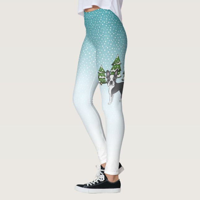 Blue Boston Terrier In A Winter Forest Leggings (Left)