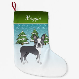 Blue Boston Terrier In A Winter Forest & Name Small Christmas Stocking