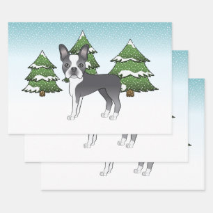 Blue Boston Terrier In A Winter Forest Wrapping Paper Sheet