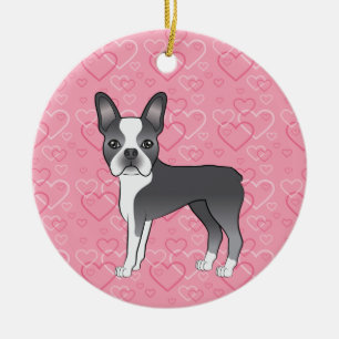 Blue Boston Terrier On Pink Hearts Pet Memorial Ceramic Tree Decoration