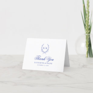Blue Botaniacal & Ribbon Crest Monogram Wedding Thank You Card