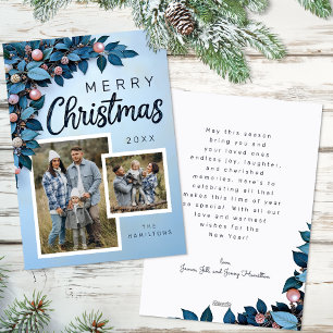 Blue Botanical 2 Photo Christmas Holiday Card
