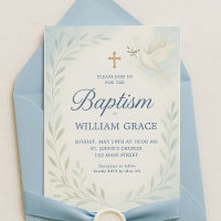 Blue Botanical Baptism Invitation with Dove