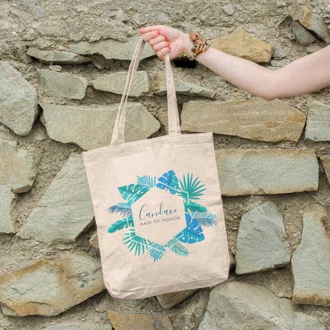 Blue Botanical Beach Maid of Honour Chic Monogram Tote Bag (Creator Uploaded)