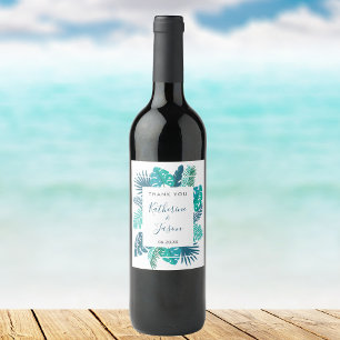 Blue Botanical Beach Palm Foliage Wedding Wine Label